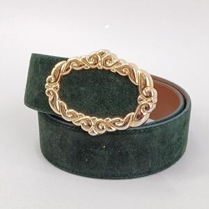 Vintage Talbots Suede Belt Womens Medium Green Gold Filigree Buckle Ornate